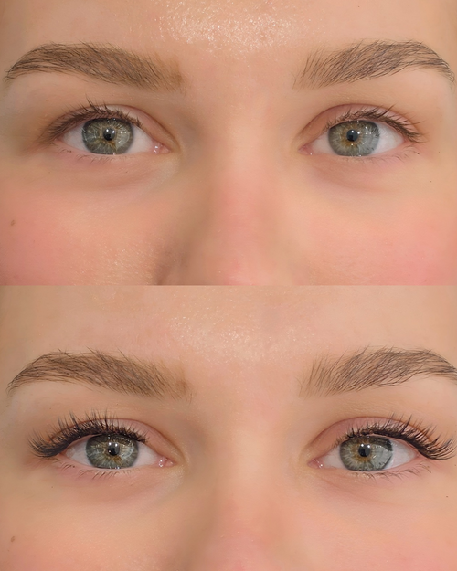 A close-up before-and-after comparison of a person's eyes, showing the effect of an eye makeup or lash product. The top image shows natural eyebrows and lashes, while the bottom image shows fuller, darker, and more defined eyebrows and long, curled lashes.