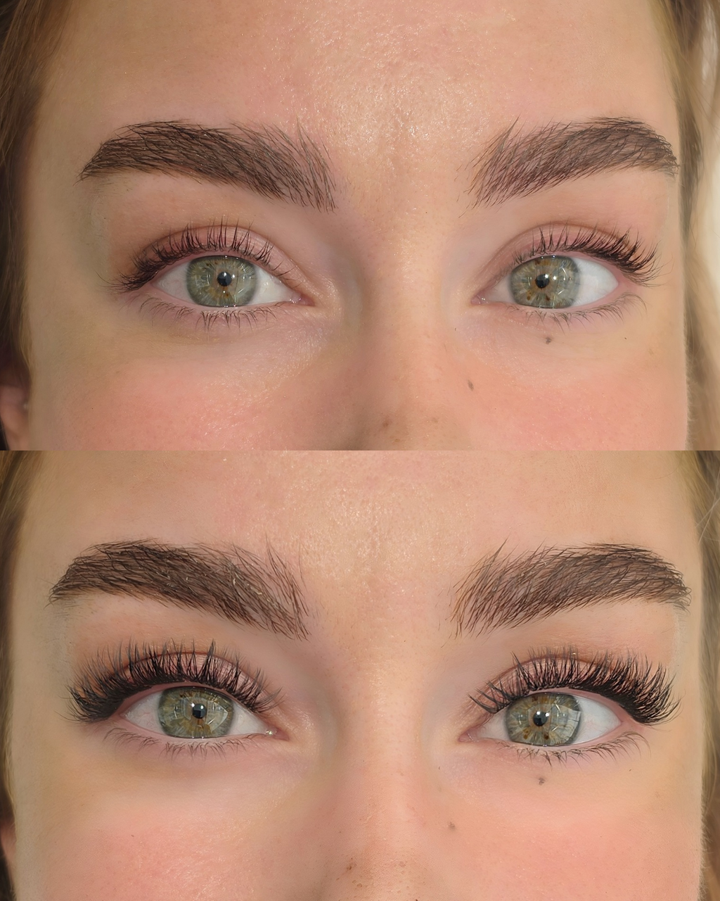 A close-up before-and-after comparison of a woman's eyes, showing eyebrow and eyelash enhancement. The top panel shows natural lashes, while the bottom panel shows fuller, darker, and more defined and longer eyelashes.