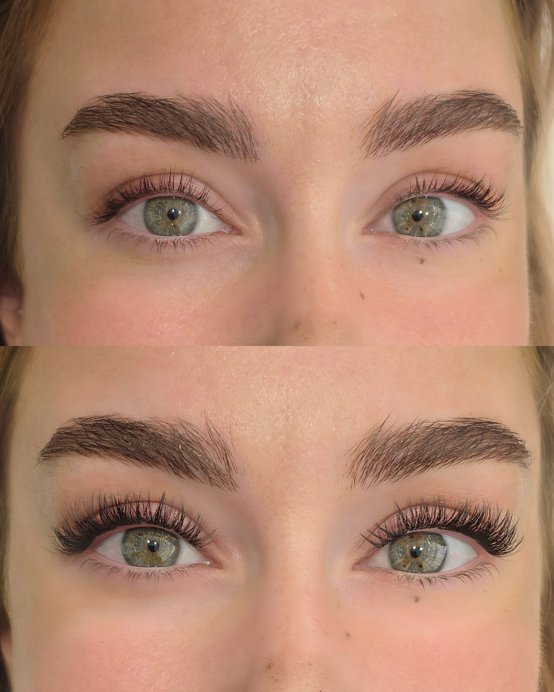 A close-up before-and-after comparison of a woman's eyes, showing eyebrow and eyelash enhancement. The top panel shows natural lashes, while the bottom panel shows fuller, darker, and more defined and longer eyelashes.