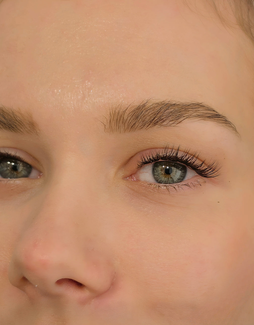 Close up look of a model's eye, showcasing a well defined and curled lashes 